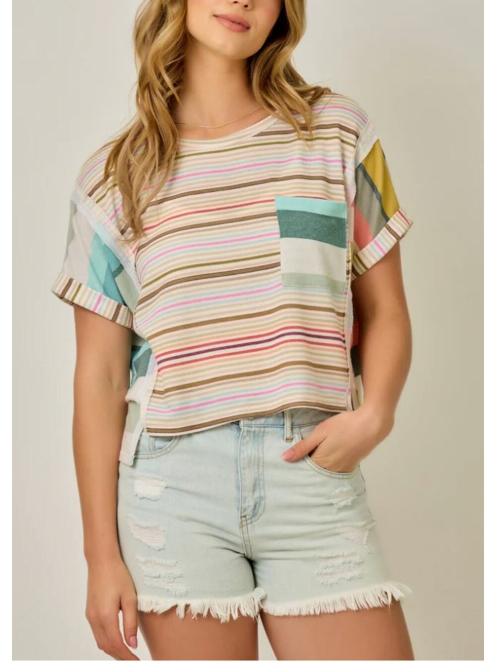 Mystree Women's French Terry Mixed Stripe Knit Top Multicolor Boxy Fit Size L
